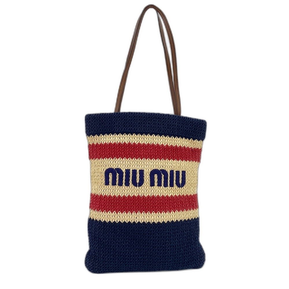 Miu Miu Miu Raffia Cotton Effect Woven Embroidered Tote Bag, Multicolor